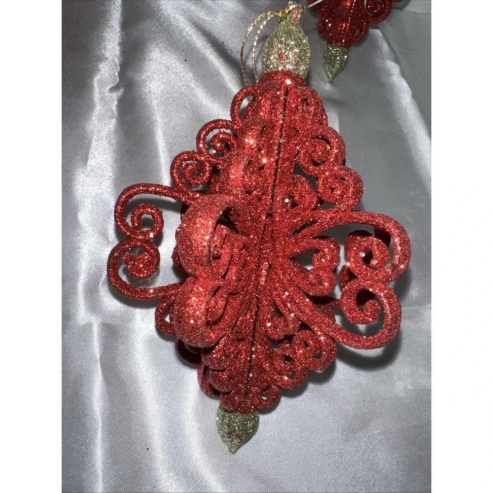 Red Glitter Scroll Christmas Ornaments Set of 3 Filigree Finial Holiday Decor